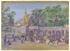 Golden-spired Kashi Vishwanath temple with foreground including Shiva shrine, garlanded Nandi statue, and Gyan Vapi enclosure with pilgrim women