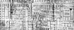 Historic map showing building dimensions and land use between Gyan Vapi precinct and Manikarnika ghat with Mughal administrative center to north
