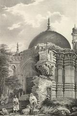 Historic lithograph of the Temple Of Vishveshwur, Benares, depicting the Gyanvapi mosque with remains of the original Kashi Vishwanath temple