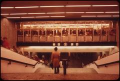 Arrivals and departures at an underground station with escalators