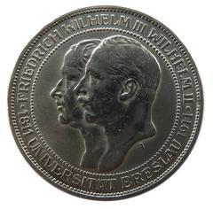 Front side of the 3 Mark commemorative coin of Prussia celebrating the centenary of the University of Breslau