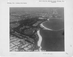 Aerial view of downtown Chicago, Illinois with prominent skyscrapers and Lake Michigan in the background