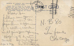 Back of a postcard featuring the Museum of Science and Industry Chicago
