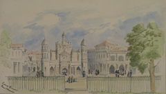 Watercolor painting of courthouse and church at Place d'Armes, New Orleans in 1845