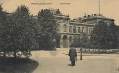 Historic view of Hamburg hospital building in black and white