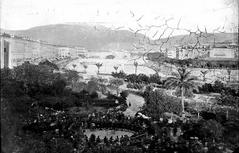 Public garden in 1863 with military band playing in the foreground