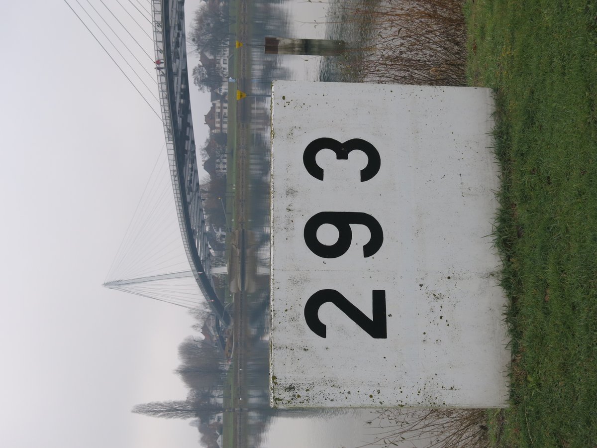 Kilometer sign 293 on the Rhine river in Jardin des Deux-Rives, Strasbourg