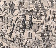Historical map excerpt showing St. Jakob and St. Georg at Waidmarkt in Cologne from Mercator's 1571 city plan