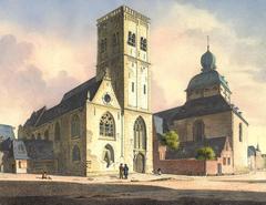 Historic view of St Jacob and St Georg churches from Waidmarkt in Cologne