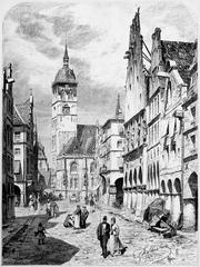 Historic Rathaus and Lambertikirche church in Münster, Westfalen, detailed architectural drawing