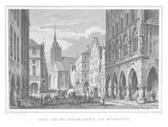 View of Prinzipalmarkt street in Münster with historic buildings and people walking