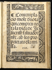 Title page of Contemplació molt devota by Sant Vicent Ferrer with gothic typography and decorative woodcut borders, printed in Valencia 1518