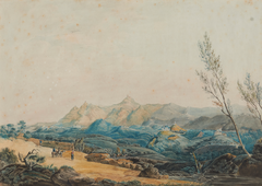 Historical watercolor painting depicting Mr. de Vismés country seat at Montserat with distant town of Cyntra, Quinta of D. Joao de Castro at Penha Verde, and Duke of Cadaval's Quinta at Colares