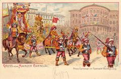 Vintage postcard from Mainzer Carneval 1904 showing Prinz Carneval in Fastnacht Montags-Zug with Stadttheater in background