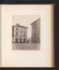 Historic village square in Mainz, Germany, circa 1867 with traditional buildings and street life