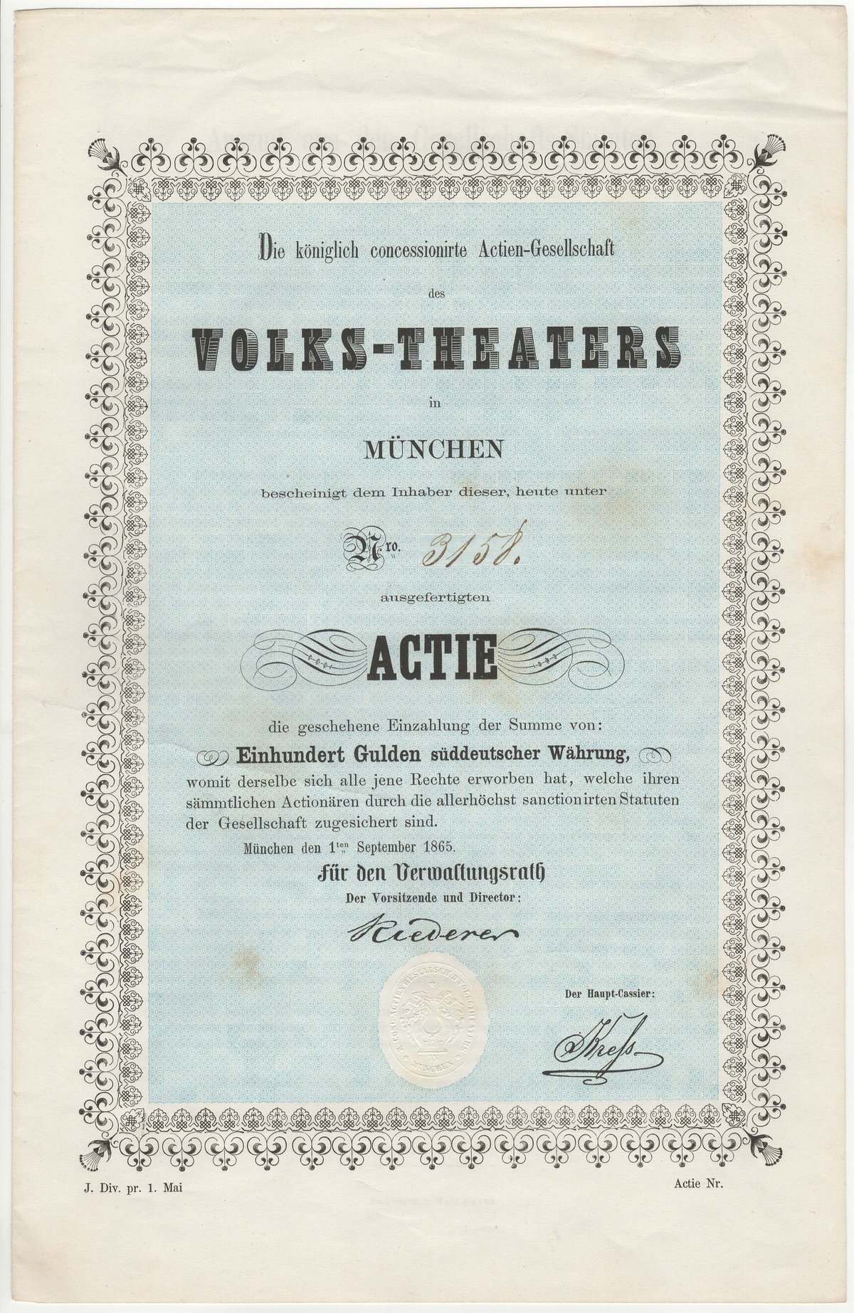 Founding share certificate of the Royal Chartered Public Theater Company in Munich dated September 1, 1865
