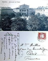 Gärtnerplatz and Theater in Munich in 1908, historic street scene with horse-drawn carriages and pedestrians