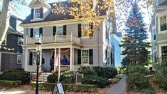 83 Beals St. house exterior decorated for Halloween with pumpkins and spooky decorations