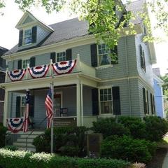 John F. Kennedy's birthplace decorated with red white and blue banners