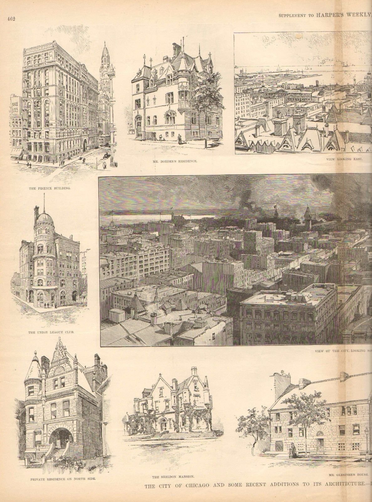 Chicago cityscape with historic architecture during the 1888 National Republican Convention