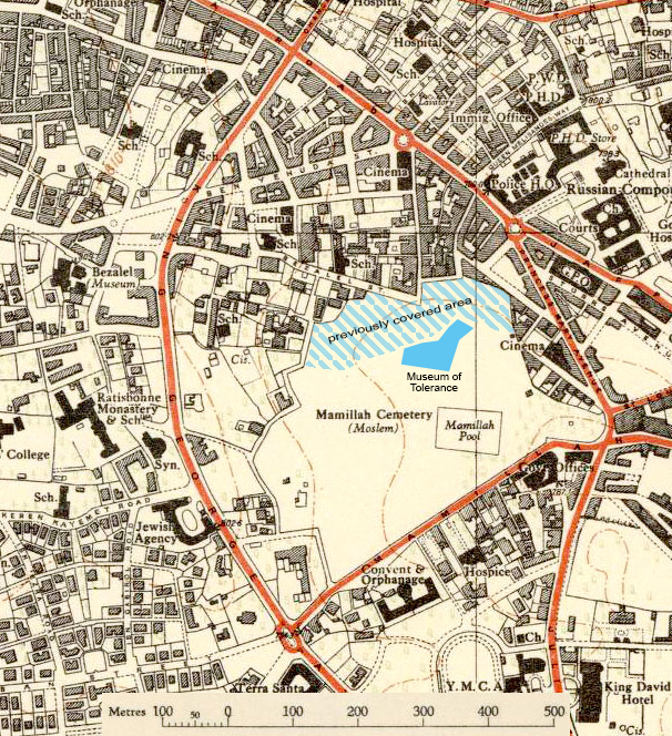 Museum of Tolerance building overlaid on 1946 Survey of Palestine base map showing historical and modern land coverage