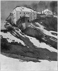 Winter view of monastery buildings covered in snow