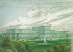 Münchner Glaspalast building in 1854 with detailed iron and glass architecture