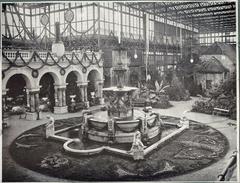 Electricity exhibition interior in Munich Glaspalast 1882 with decorative fountain
