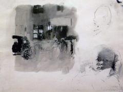 Käthe Kollwitz Scène de rue et tête d'enfant black ink and charcoal drawing 1892