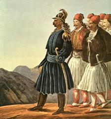 Portrait of Kolokotronis and his personal escort in traditional attire