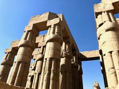 Ancient Luxor Temple with detailed hieroglyphics and large columns in Luxor, Egypt