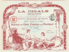 Antique 1900 La Cigale stock certificate worth 100 Francs with ornate design