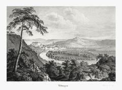 Copper engraving print of Tübingen town from the west