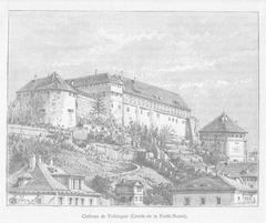 Wood engraving print of Schloss Hohentübingen castle from the southwest