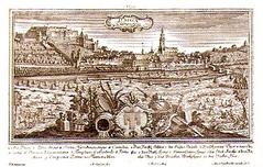 Copper engraving print of Tübingen from the south showing historic townscape with buildings and river