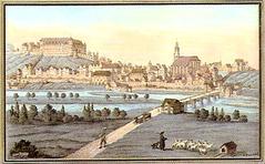 Colored pen drawing of Tübingen in the 16th century