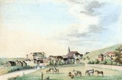 Etching print of Tübingen viewed from the morning side, detailed cityscape with historical buildings