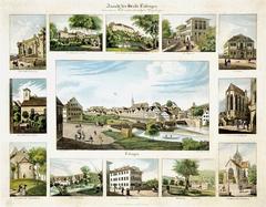 Aquatint print showing a detailed view of the city of Tübingen from the southeast with surrounding landmarks