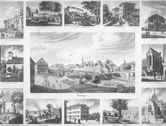 Lithograph of Tübingen cityscape with multiple smaller views of landmarks including Hohentübingen Castle portal, botanical garden, anatomical institute, old aula, and churches
