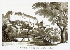 Aquatint print titled 'Das Schloss vom Hirschauersteg' depicting a castle viewed from Hirschauersteg bridge, circa 1830
