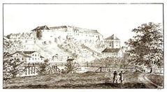 Chalk lithograph of Hohentübingen with Derendinger Steg bridge