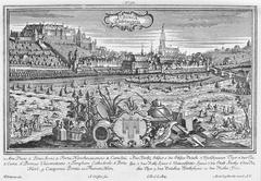 Copper engraving map of Tübingen from the south with landmarks including Hirschauer Tor, Fürstliches Schloss, Schlossbrücke, Kloster (Evangelisches Stift), Rathaus, Universitätshaus (Alte Aula), Stadtkirche (Stiftskirche), Neckartor, Brückenwirtshaus, and the Neckar river.