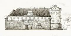 Eastern facade of Hohentübingen Castle in Tübingen, ink wash drawing