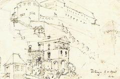 Pencil drawing of a residential house and garden pavilion by Christian Friedrich Leins in Neckarhalde am Neckar, Tübingen with Hohentübingen Castle above