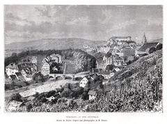 View from Österberg overlooking Tübingen and the Neckarvorstadt wood engraving print