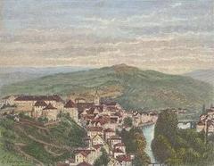 Panoramic view of Tübingen from the west, colored wood engraving print from Malte-Brun