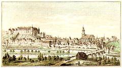 Historical watercolored steel engraving of Tübingen from the south in 1643
