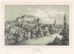 Historic lithograph of Tübingen from the upper Neckar river in 1857