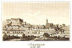Historical lithograph of southern view of Tübingen from 1643