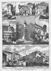 Historic engraving of Tübingen featuring Uhland's landmarks including Uhland's grave, Äußeres Schlossportel, Uhlandhaus, Tübingen town hall, Uhland monument, Hohentübingen castle, Neue Aula, and Neckarfront with Hohentübingen castle